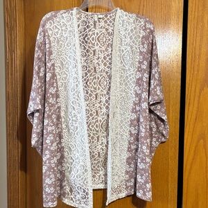 Floral Kimono Cardigan with Lace Trim - Large